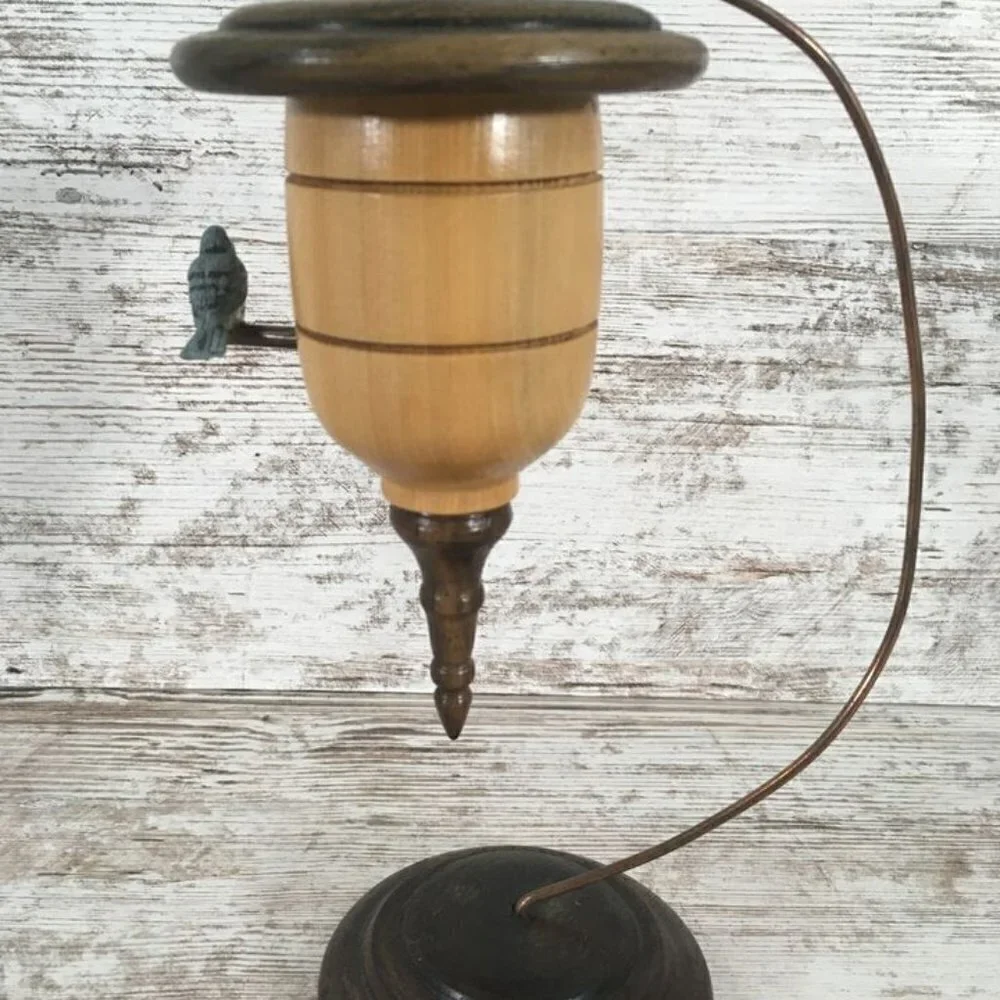 Vintage Hand-Turned Wood Birdhouse Ornament with Stand Folk Art